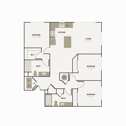 Floor plan for 3 beds, 2 baths, 1329 sqft
